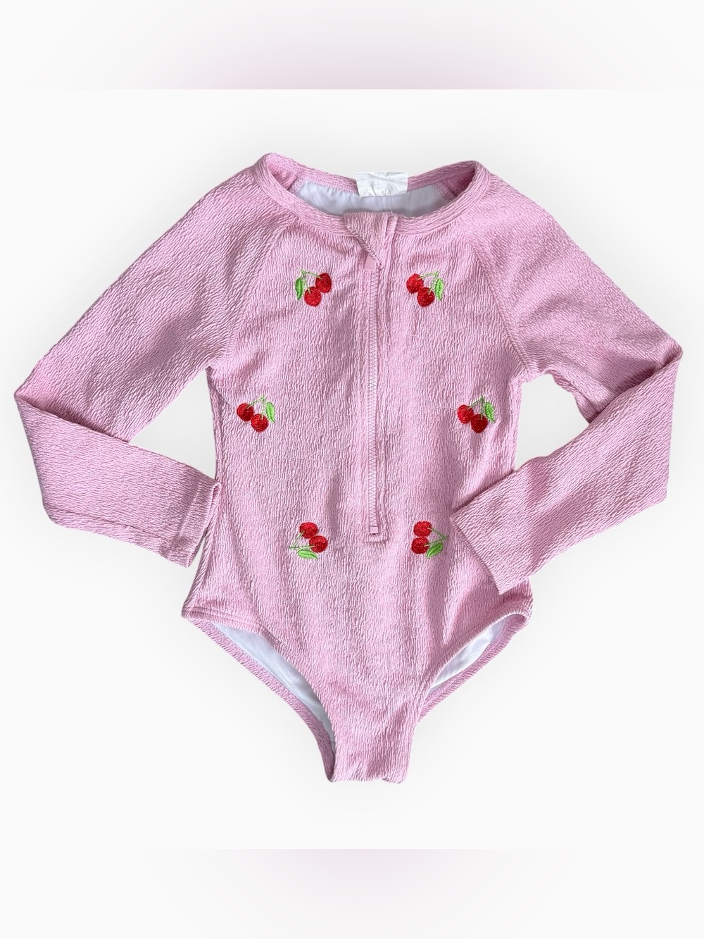 Cotton On Kids Pink Cherry Embroidered Long Sleeve Rash Guard One Piece Swimsuit